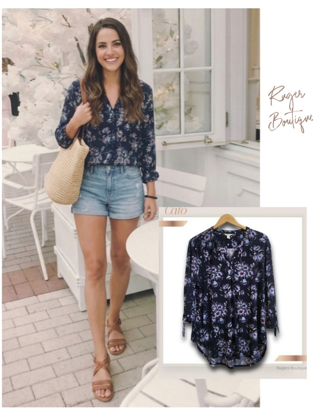 🌿Cato Women's XL Blue Floral Print Tunic Style Peasant Style High Low Cut